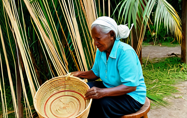 An elderly Antiguan woman artisan, fully clothed in modest, comfortable traditional island attire, meticulously weaving a large straw market basket from dried palm fronds. Her hands are well-formed, showcasing years of skilled craftsmanship, with perfect anatomy and natural pose. She is seated on a low stool in an open-air workshop, bathed in soft, natural Caribbean sunlight, surrounded by bundles of raw materials and stacks of beautifully finished baskets. The background shows hints of lush tropical foliage. High-quality professional photography, detailed textures, natural colors, authentic scene, appropriate content, safe for work, family-friendly.