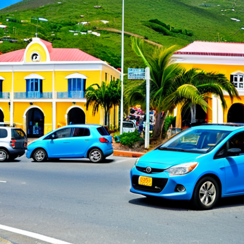 Home 20 A scenic, dynamic view of multiple cars, including a modern rental car (right-hand drive), smoothly navigating a bustling roundabout in St. John's, Antigua. The background features colorful, low-rise buildings, lush palm trees, and a bright Caribbean sky, capturing the unique island traffic flow during peak hours. The scene emphasizes the blend of local and tourist vehicles coexisting on the road. Professional photography, high detail, vibrant colors, clear focus, safe for work, appropriate content, fully clothed (for any visible occupants, though focus is on vehicles and traffic), modest, professional, perfect anatomy, correct proportions, natural pose, well-formed hands, proper finger count, natural body proportions.