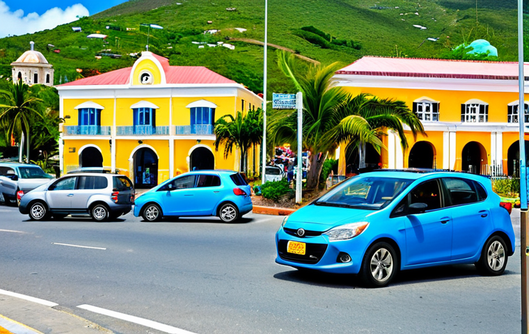A scenic, dynamic view of multiple cars, including a modern rental car (right-hand drive), smoothly navigating a bustling roundabout in St. John's, Antigua. The background features colorful, low-rise buildings, lush palm trees, and a bright Caribbean sky, capturing the unique island traffic flow during peak hours. The scene emphasizes the blend of local and tourist vehicles coexisting on the road. Professional photography, high detail, vibrant colors, clear focus, safe for work, appropriate content, fully clothed (for any visible occupants, though focus is on vehicles and traffic), modest, professional, perfect anatomy, correct proportions, natural pose, well-formed hands, proper finger count, natural body proportions.