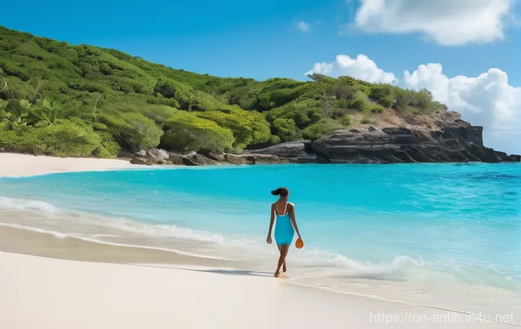 앤티가 바부다 여행 후기 모음 - **A serene moment on a pristine Caribbean beach.** A person, gracefully posed in a stylish, modest o...