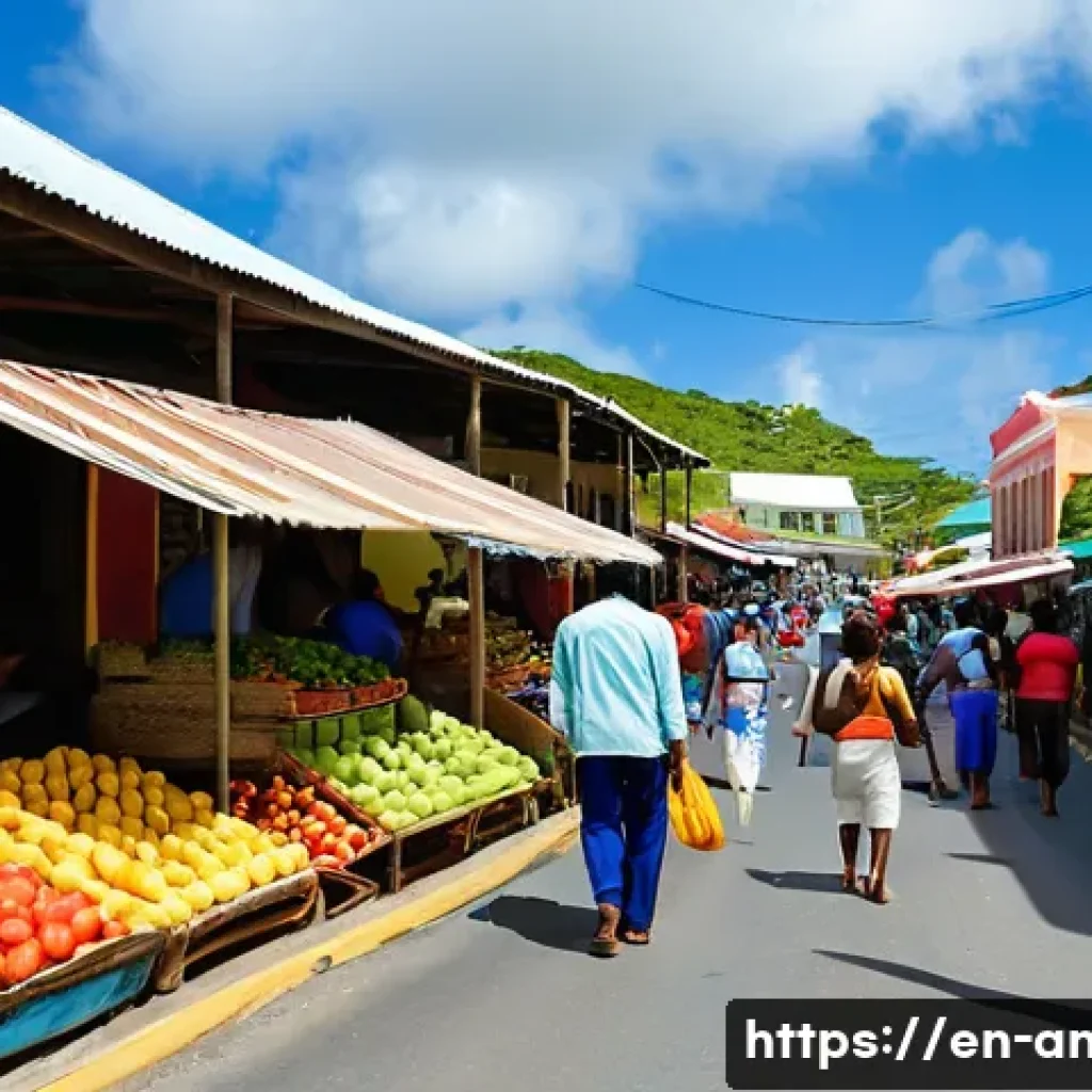 앤티가 바부다 현지 언어 - A vibrant street scene in St. John’s, Antigua, showcasing a lively market with diverse vendors calli...
