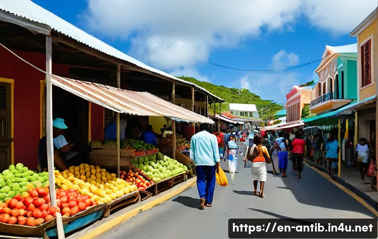 앤티가 바부다 현지 언어 - A vibrant street scene in St. John’s, Antigua, showcasing a lively market with diverse vendors calli...