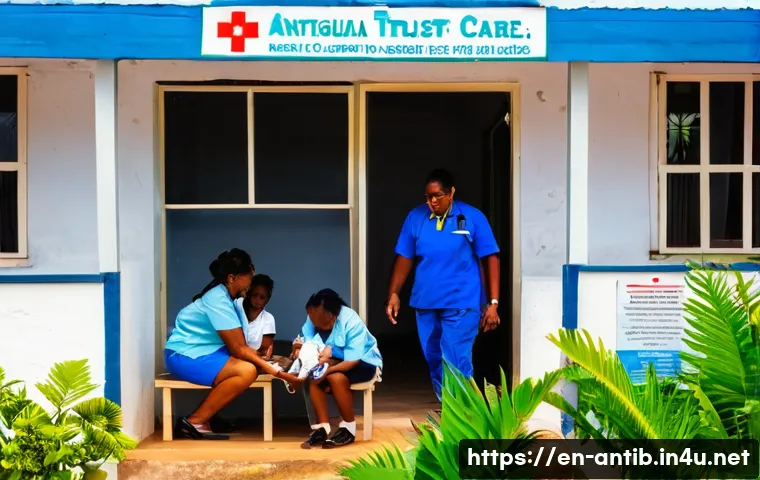 앤티가 바부다 백신 및 건강 관리 - A vibrant public health clinic in Antigua and Barbuda during a busy vaccination day, showing diverse...