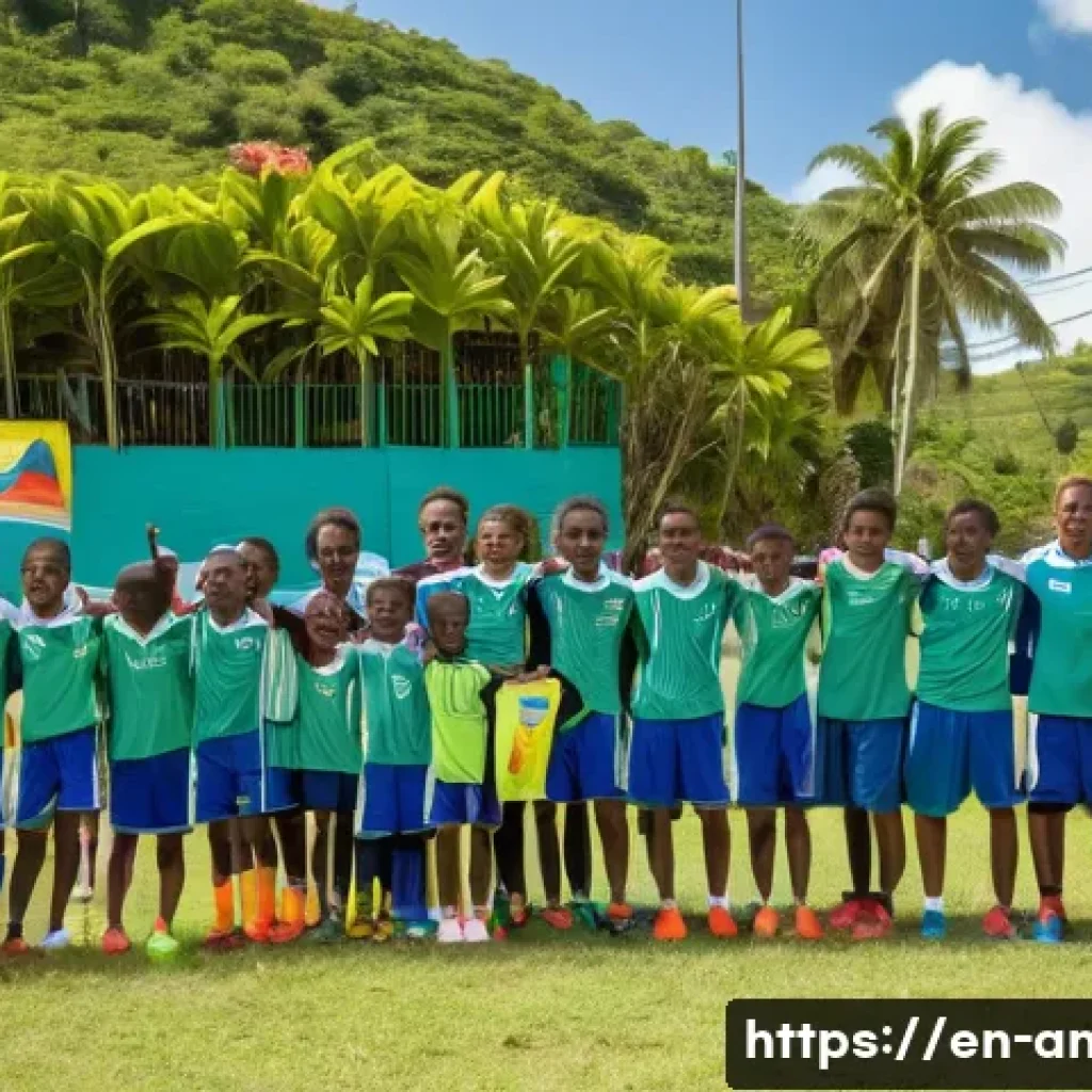 앤티가 바부다 축구 리그 - A vibrant community football club scene in Antigua and Barbuda, showing a diverse group of young pla...
