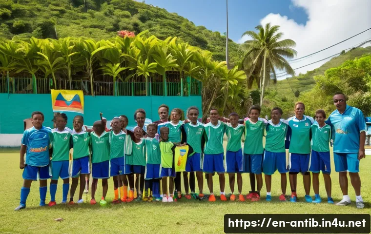 앤티가 바부다 축구 리그 - A vibrant community football club scene in Antigua and Barbuda, showing a diverse group of young pla...