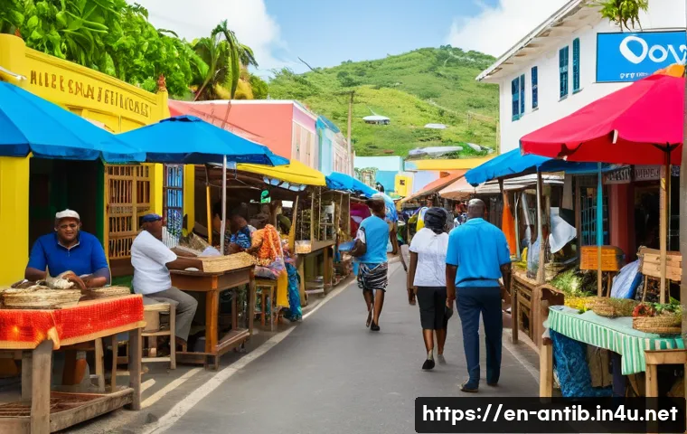 앤티가 바부다 공용어 - A vibrant street scene in Antigua and Barbuda showcasing locals engaging in lively conversation, wit...