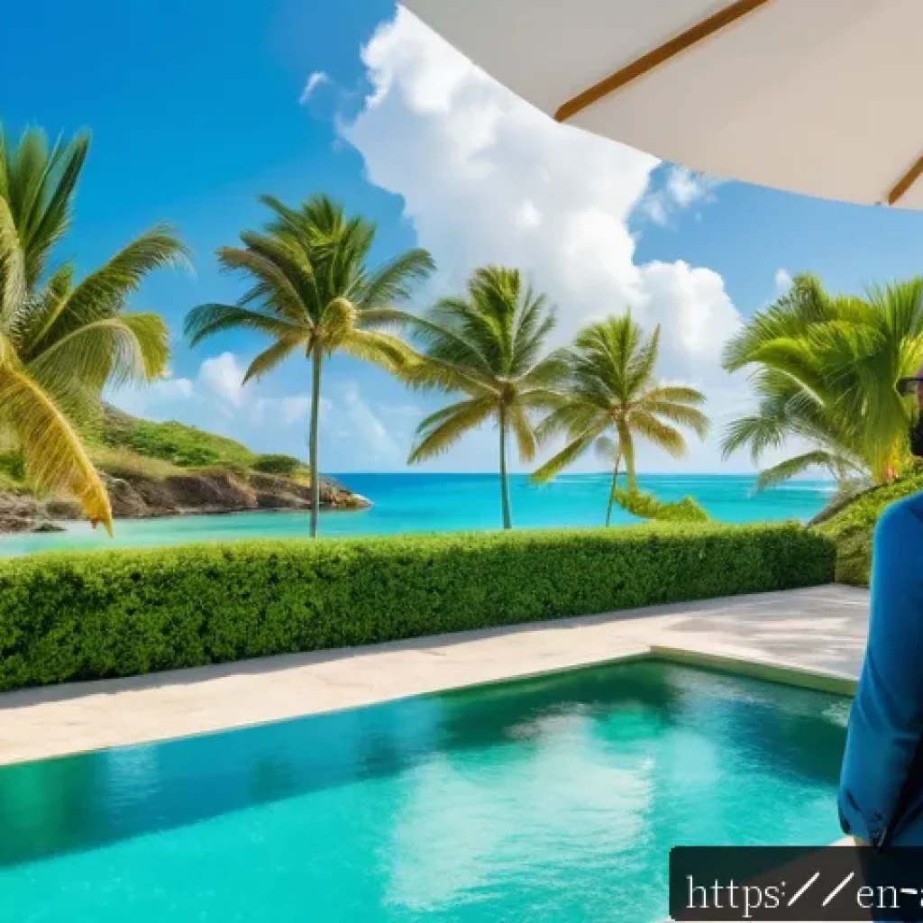 앤티가 바부다 이민 및 비자 - A vibrant tropical real estate scene in Antigua and Barbuda showcasing modern luxury villas with lus...