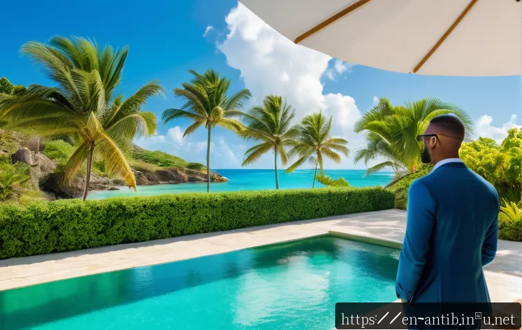 앤티가 바부다 이민 및 비자 - A vibrant tropical real estate scene in Antigua and Barbuda showcasing modern luxury villas with lus...