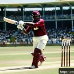 앤티가 바부다 비비안 리처즈 - A dynamic portrait of Vivian Richards in mid-swing during a high-stakes cricket match, wearing a vib...