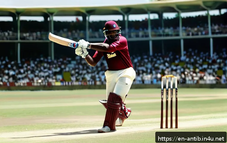 앤티가 바부다 비비안 리처즈 - A dynamic portrait of Vivian Richards in mid-swing during a high-stakes cricket match, wearing a vib...