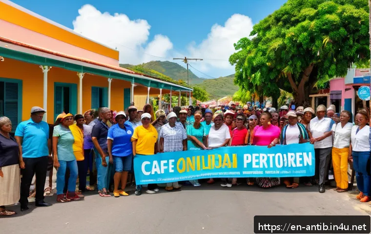 앤티가 바부다 최근 사건 사고 - A vibrant street scene in Antigua and Barbuda showcasing a lively grassroots political rally with di...