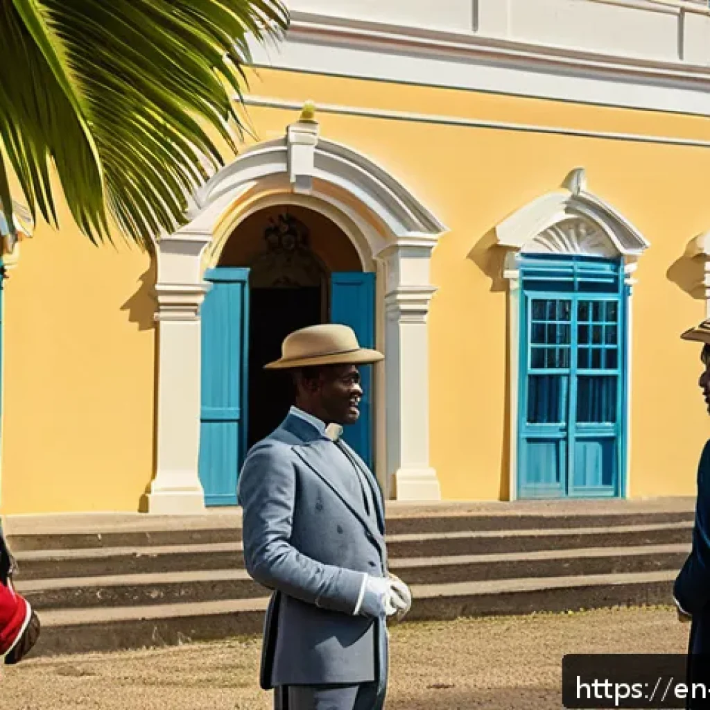 앤티가 바부다 독립 과정 - A vibrant historical scene depicting early 20th century Antigua and Barbuda under British colonial r...