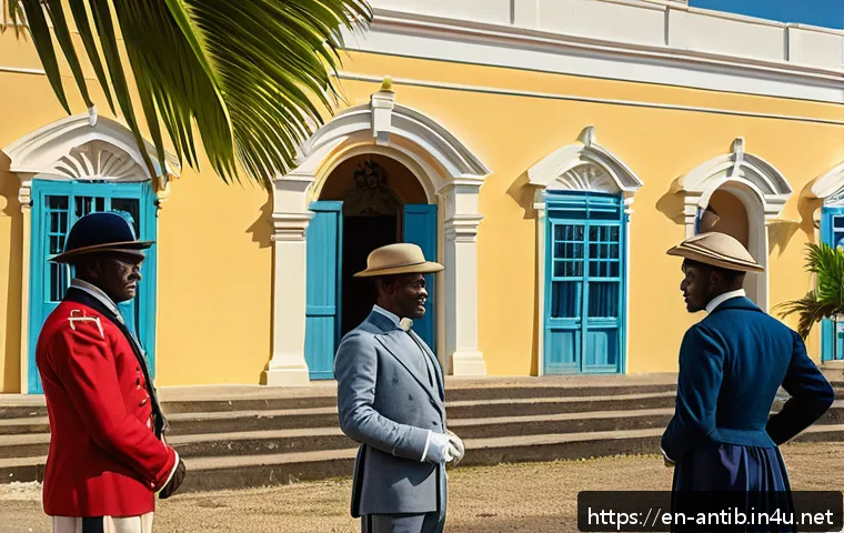 앤티가 바부다 독립 과정 - A vibrant historical scene depicting early 20th century Antigua and Barbuda under British colonial r...