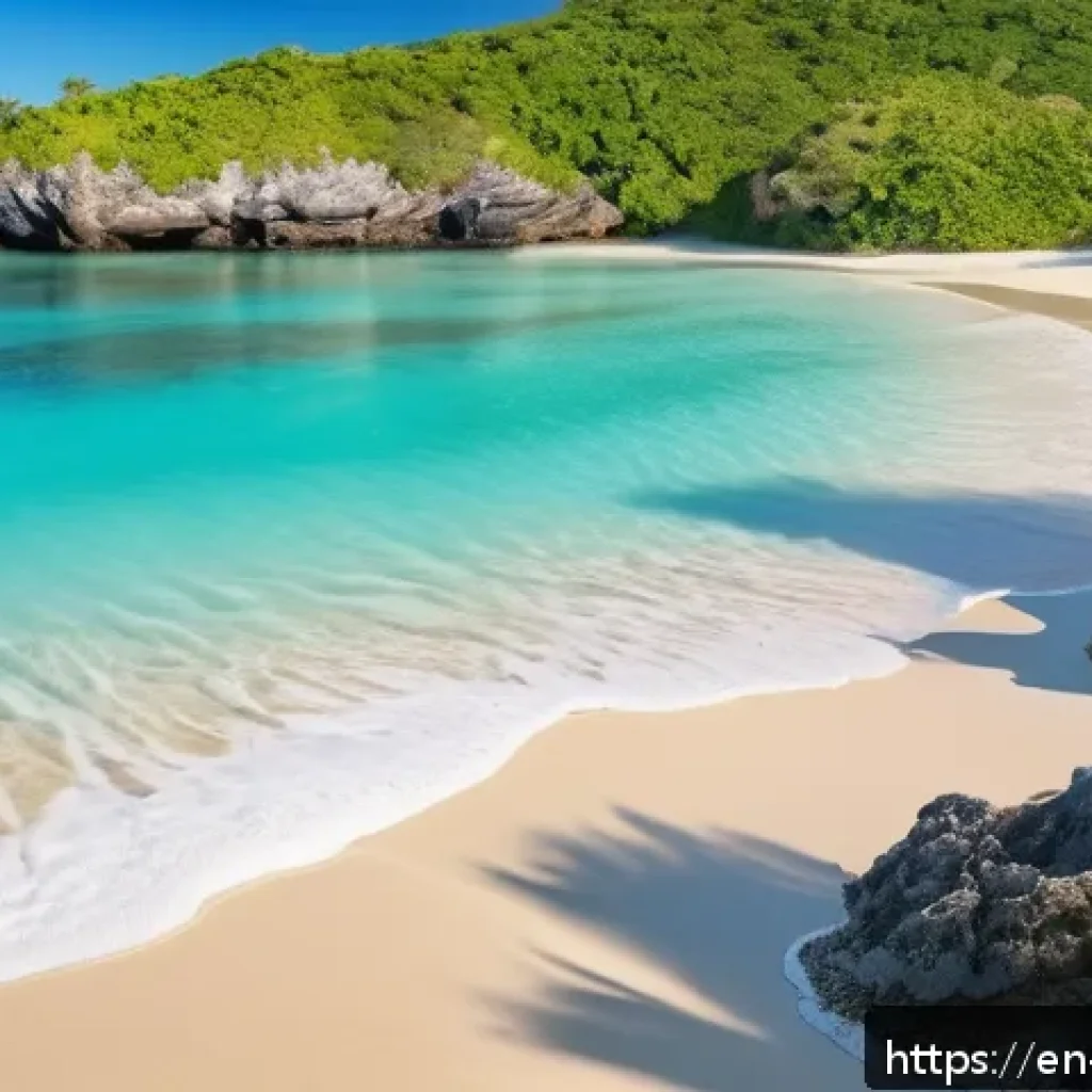 앤티가 바부다 하프문 베이 - A tranquil, secluded Caribbean beach at sunrise, soft golden sand bordered by rugged cliffs and lush...