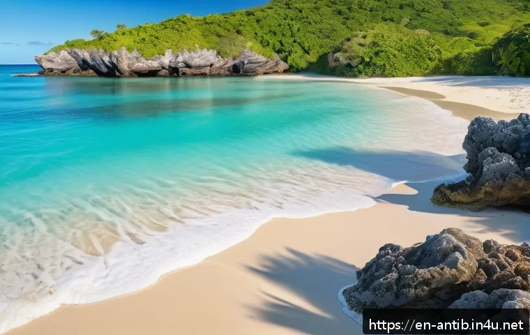 앤티가 바부다 하프문 베이 - A tranquil, secluded Caribbean beach at sunrise, soft golden sand bordered by rugged cliffs and lush...
