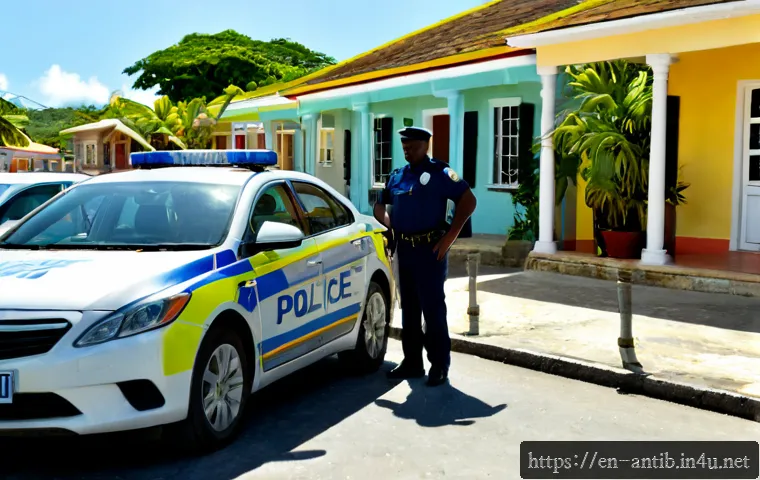 앤티가 바부다 범죄율 - Photorealistic Caribbean neighborhood safety scene in Antigua and Barbuda, a uniformed community pol...