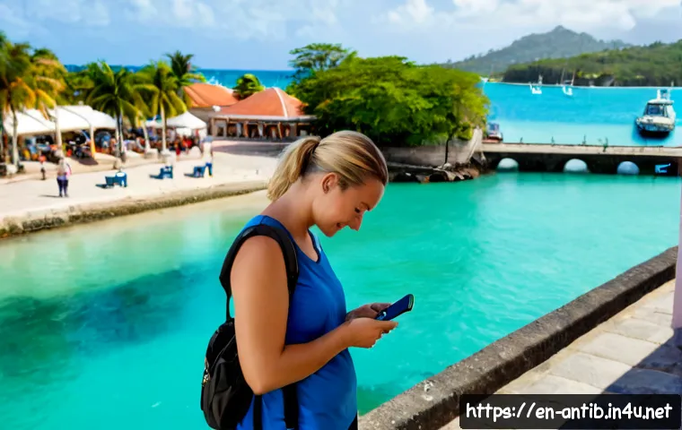 Home 17 앤티가 바부다 여행 안전 정보 - Photorealistic travel safety scene in Antigua and Barbuda, a relaxed adult couple in modest tropical...