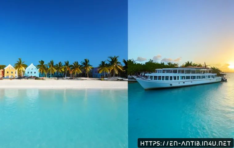 Home 17 앤티가 바부다 바하마 비교 - Split-screen photorealistic Caribbean travel comparison: left side a quiet Antigua beach with powder...