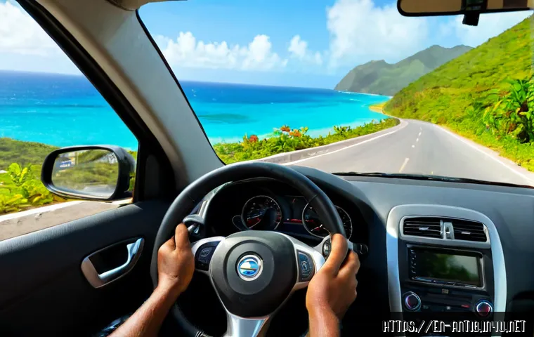 앤티가 바부다 운전 시 주의점 - Photorealistic Caribbean driving safety scene in Antigua and Barbuda, right-hand-drive rental car vi...